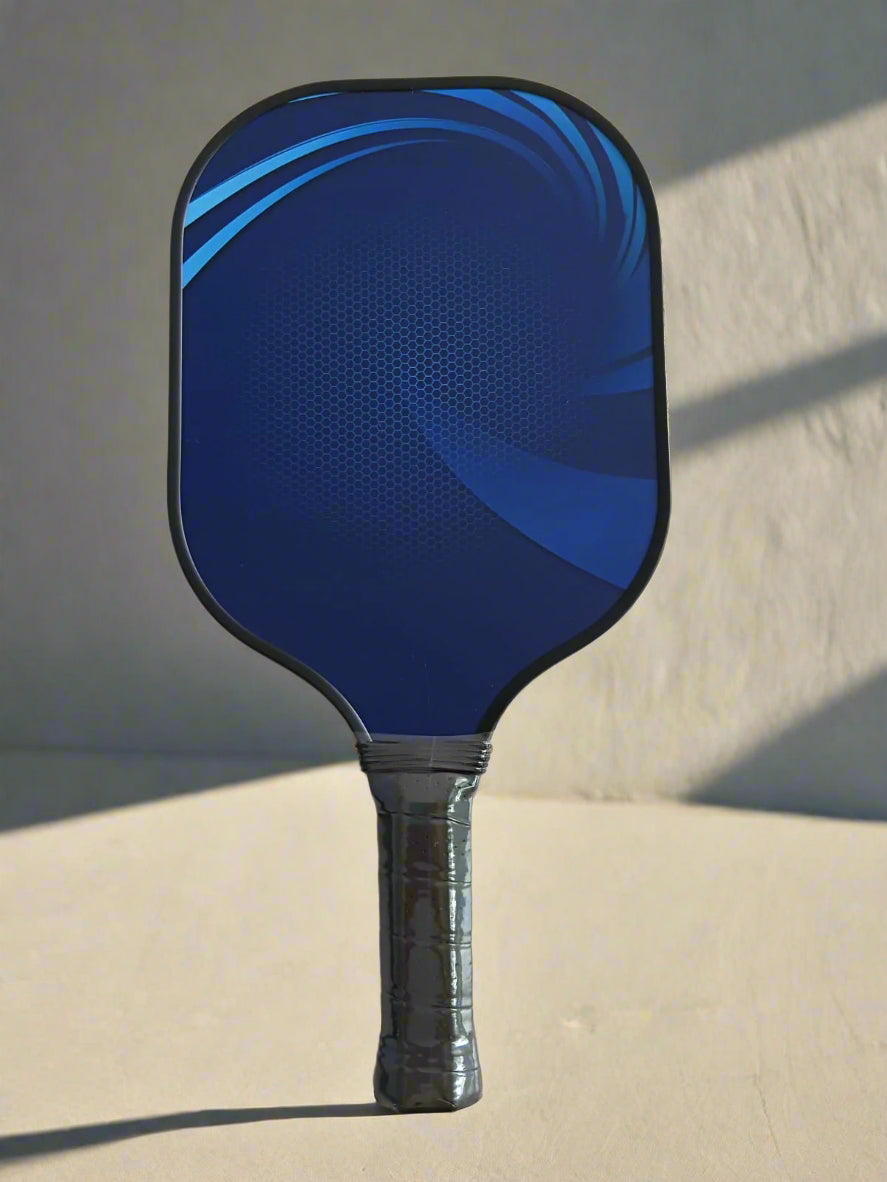 Single Pickleball Paddle with a blue swirl design, light blue and mostly dark blue.