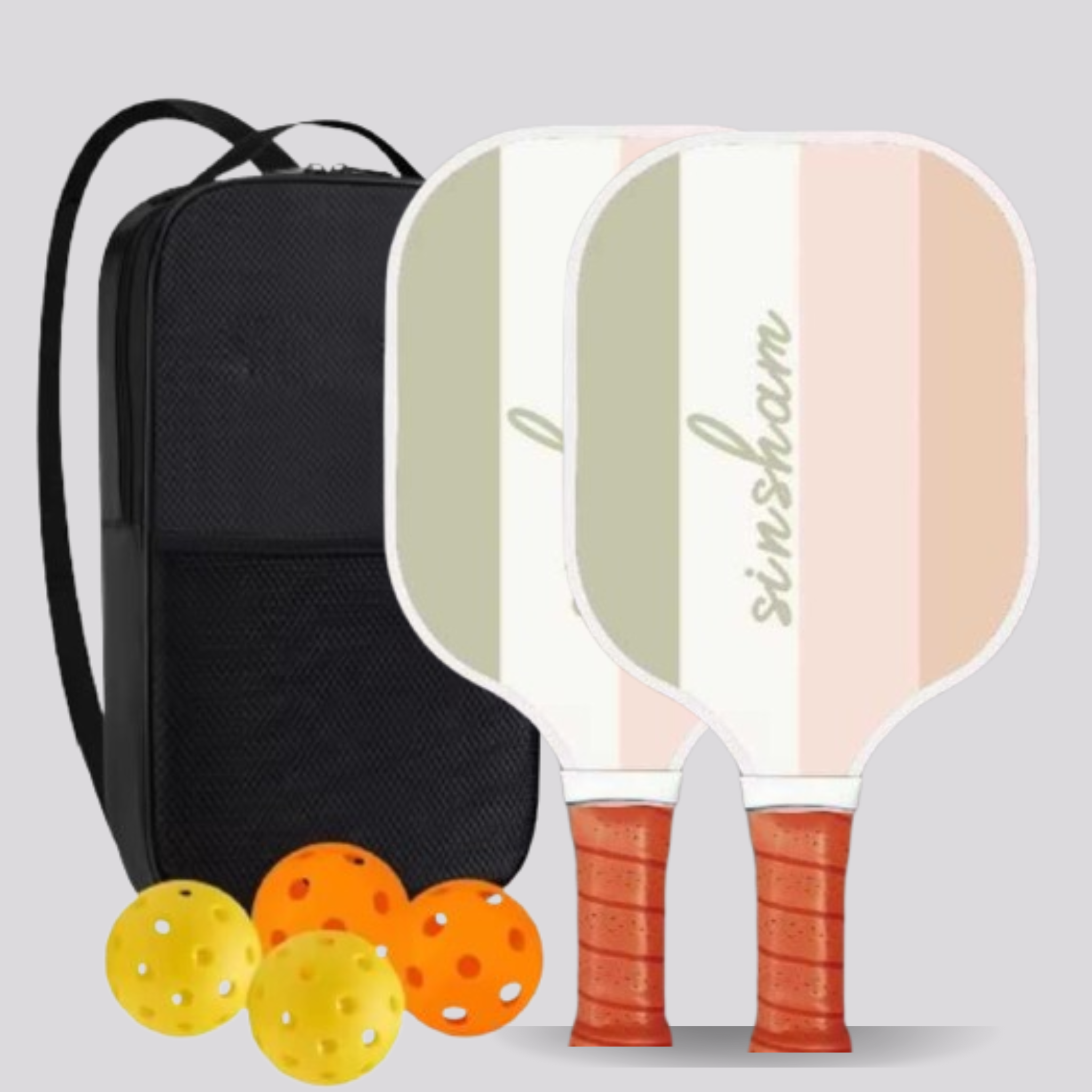 Pickleball paddle with striped design, black backpack, and colorful balls on a light gray background