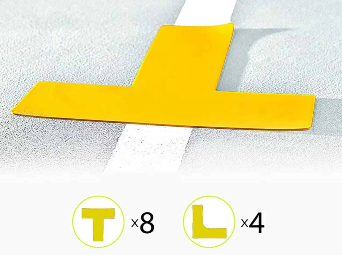 A picture showing the number of court markers in the box to make a full court and the different court markers. There are 8 "T" design and 4 "L" design in it to make a full court.