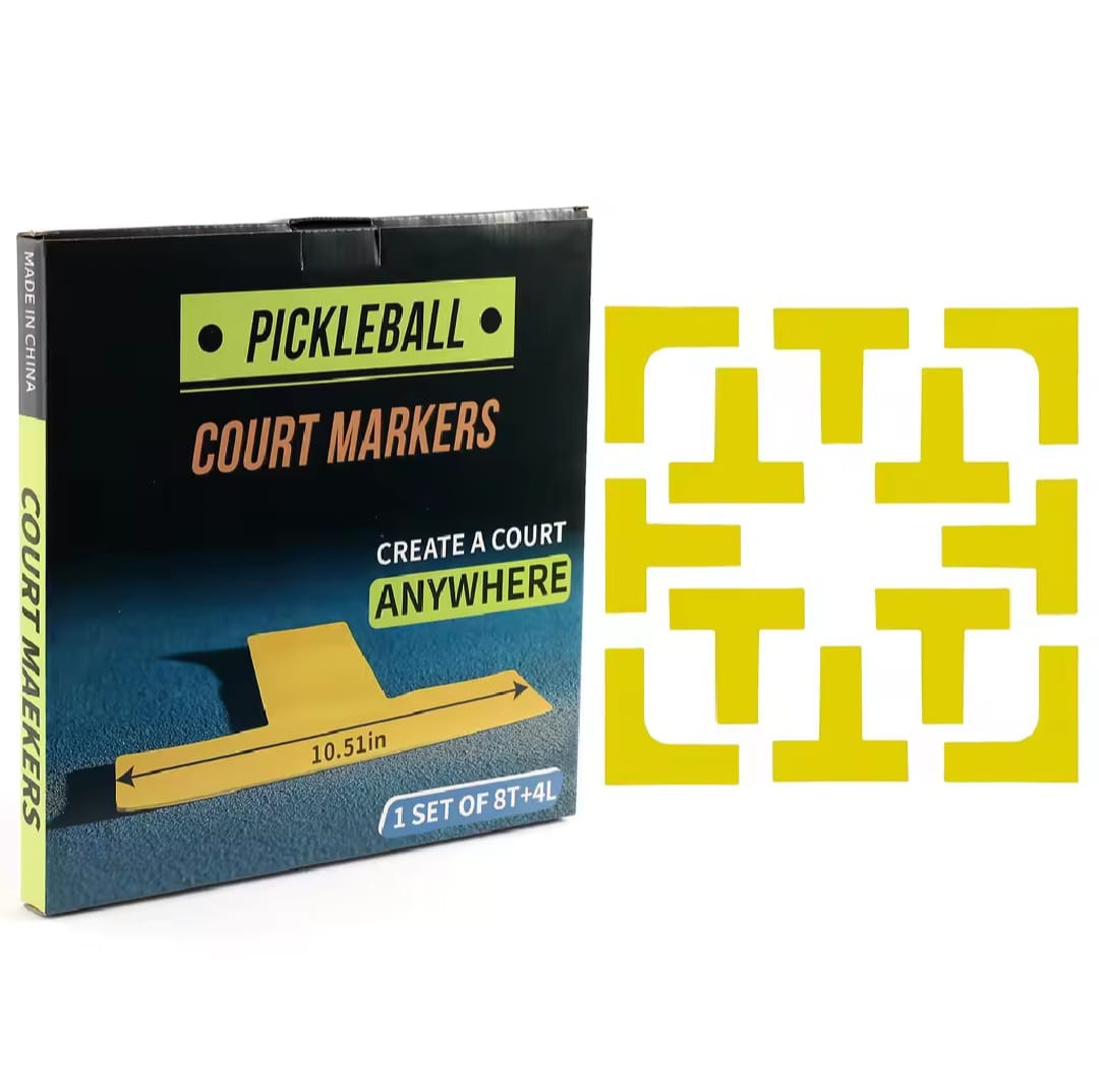 A picture showing a Pickleball court marking kit box and the court markers. It comes in a packaging box.