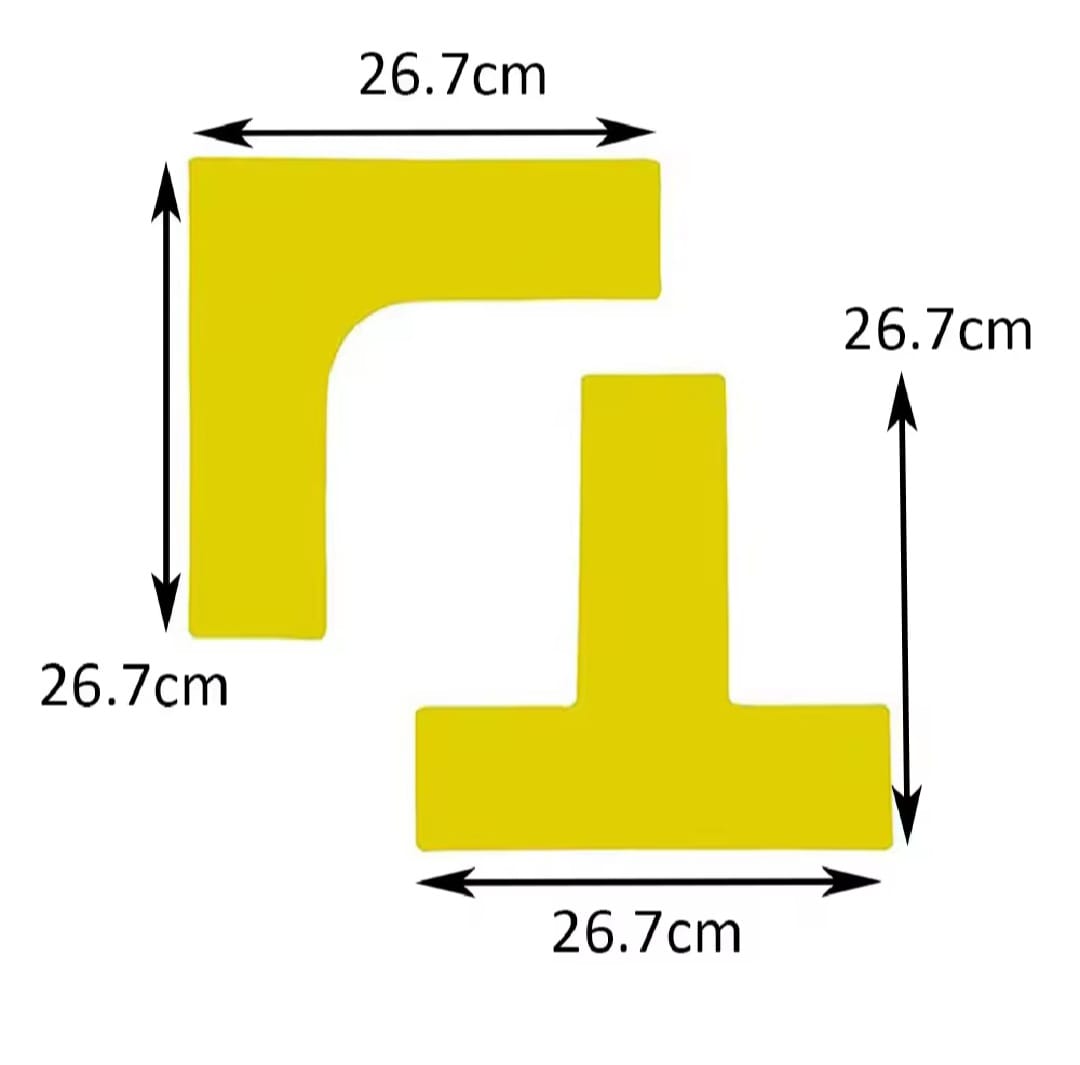 A picture showing the measurements of the pickleball court markers. The length and breadth of both "Ts" and "Ls" are 26.7cm. The colors are bright yellow, making it easy to see.
