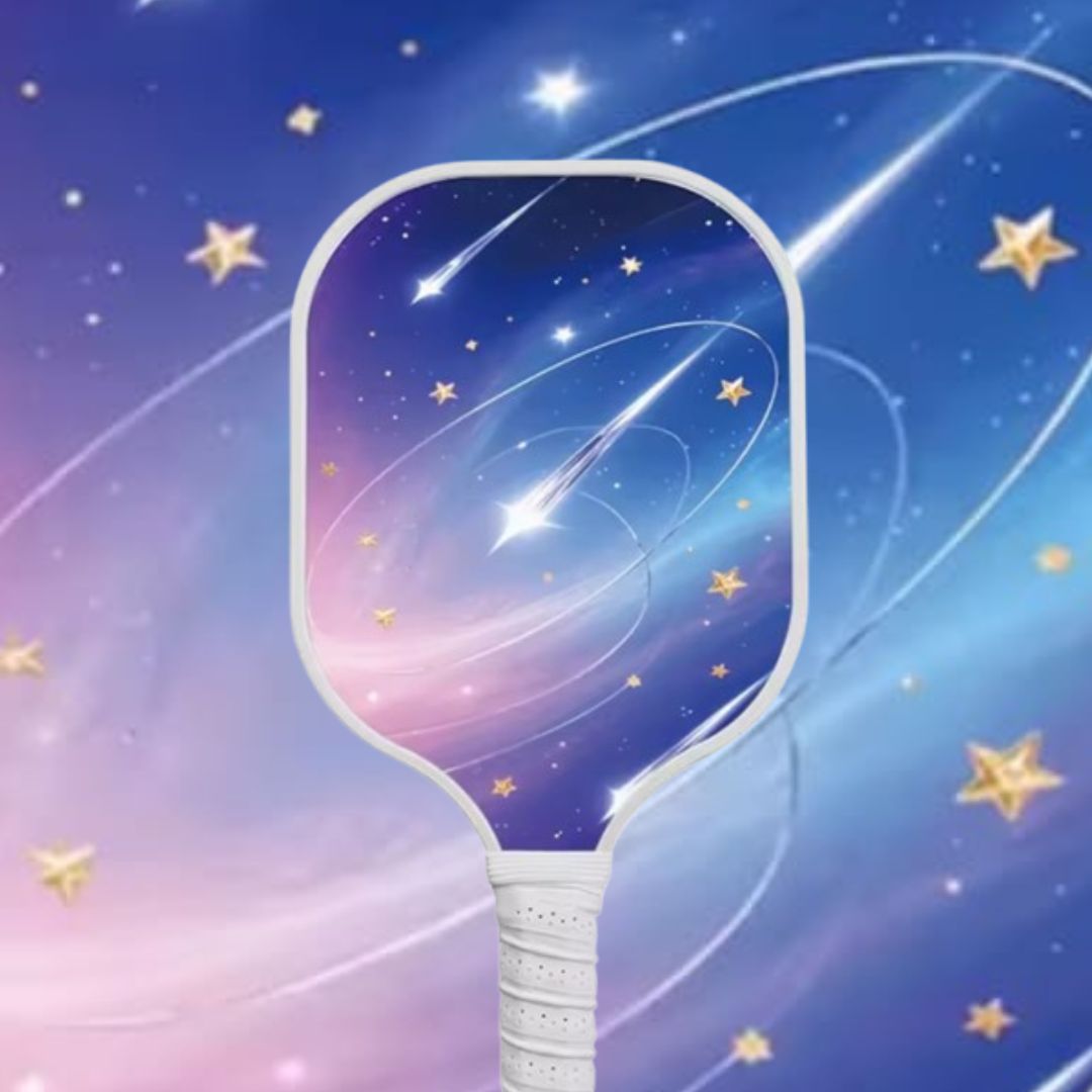Pickleball paddle with starry sky design on a blue background
