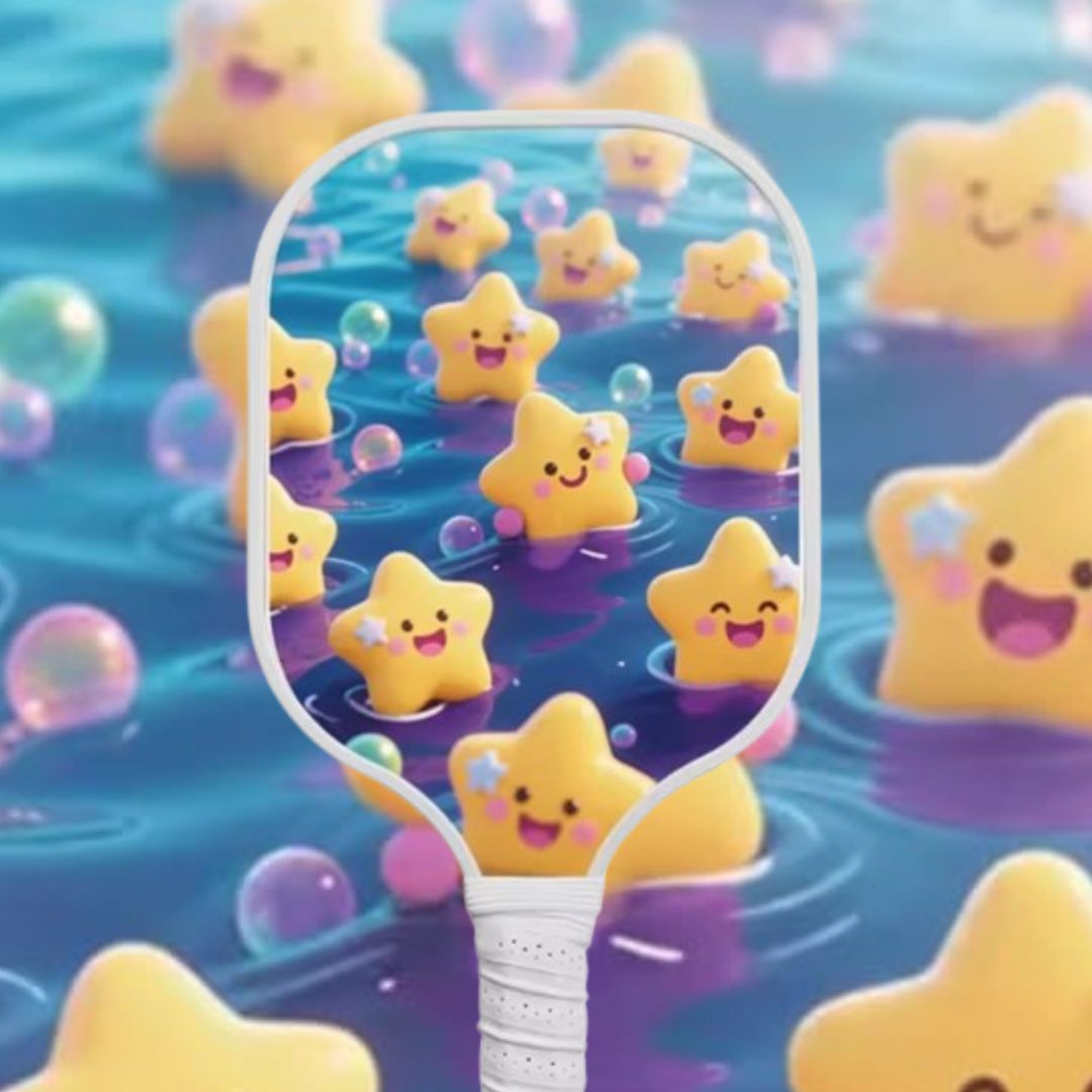 Paddle with star-shaped characters on a blue water background