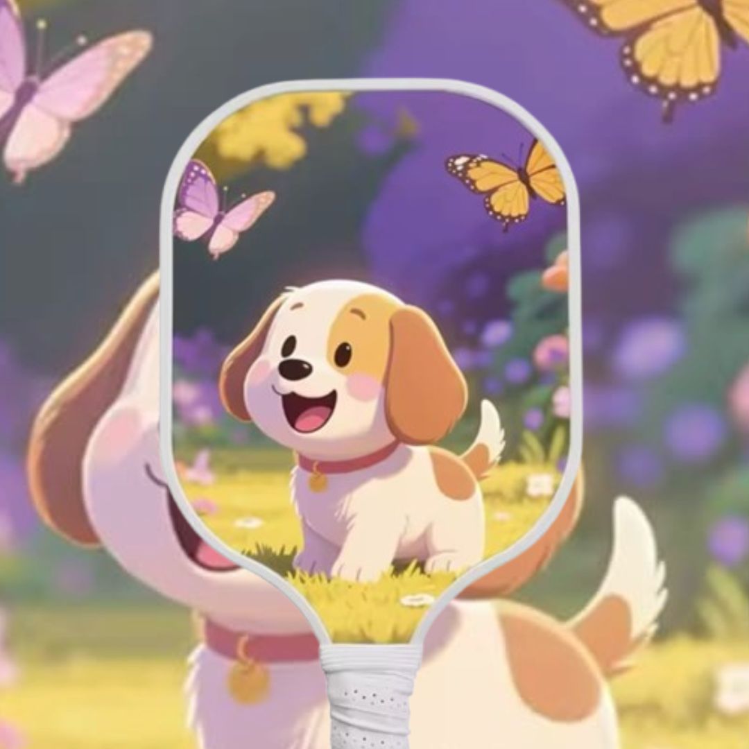 Pickleball Paddle with a cartoon dog and butterflies design