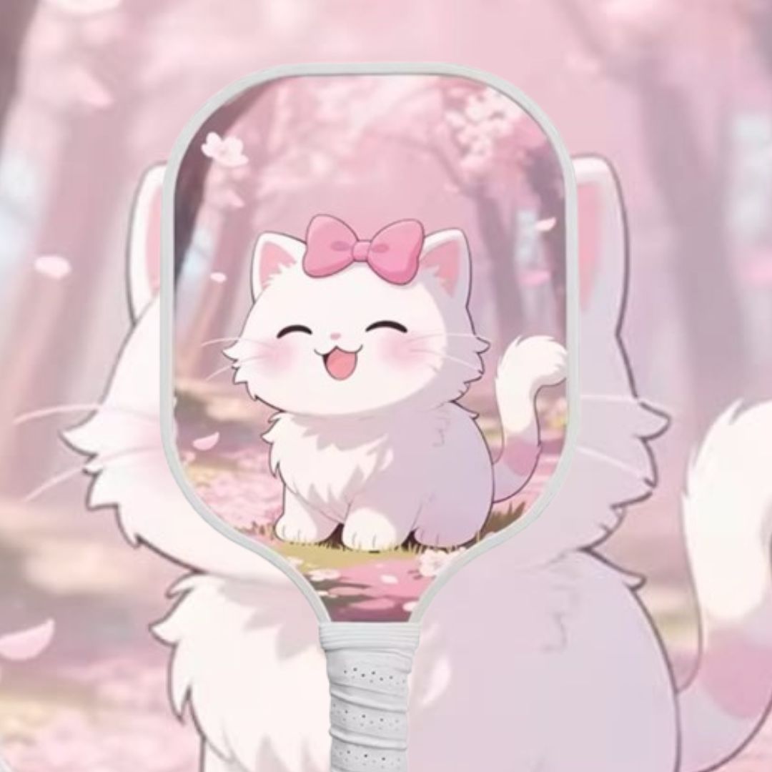 Pickleball paddle Cartoon cat with a pink bow with cherry blossom background