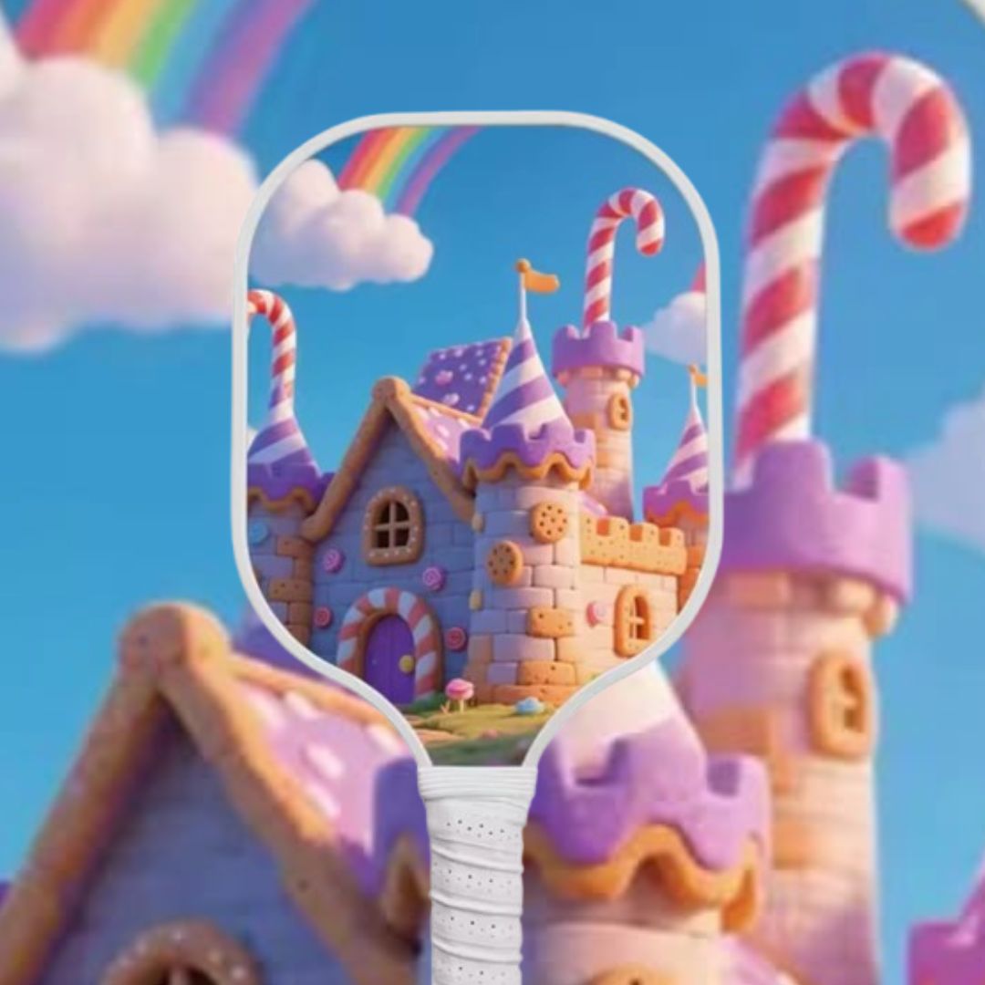 Pickleball paddle with Colorful candy castle with a rainbow and clouds in the background