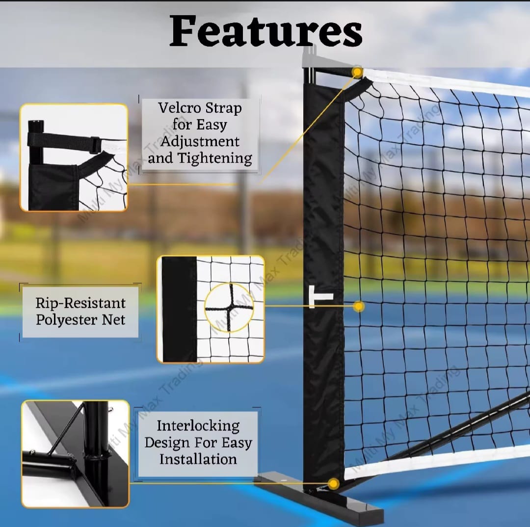 Portable pickleball net with features highlighted on a blurred outdoor background. Velcro Strap for easy adjustment and tightening , rip-resistant polyester net , interlocking design for easy installation.