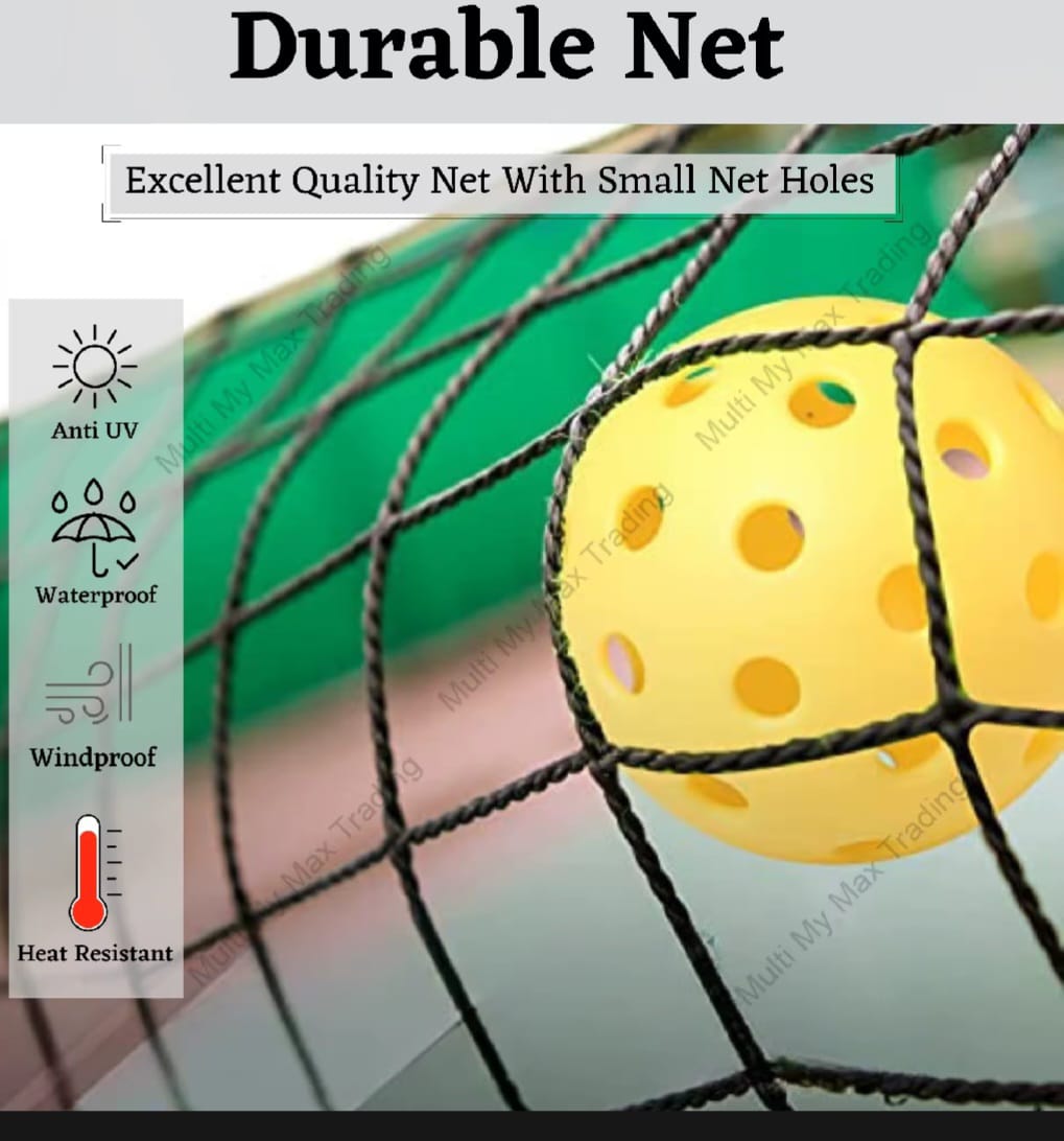Yellow ball hitting a durable net with text on quality and features. Anti  UV waterproof windproof and heat resistant.