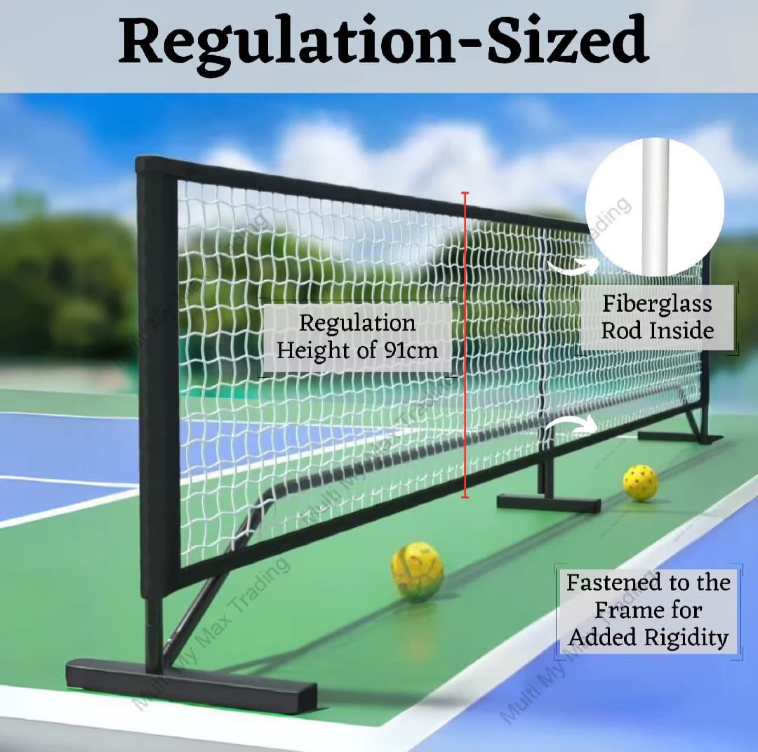 Tennis net with fiberglass rod inside on a court, labeled as regulation-sized. Regulation height of 91cm with fiberglass rod inside.