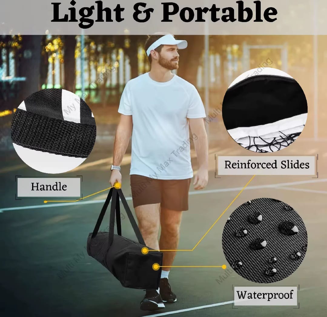 Man holding a black duffel bag with features highlighted on a blurred background. Light and portable, comes with a handbag that has handle, reinforced slides and waterproof.