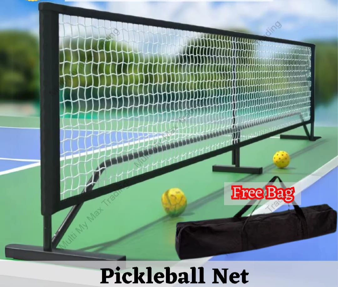 Pickleball net with balls and carrying bag on a court