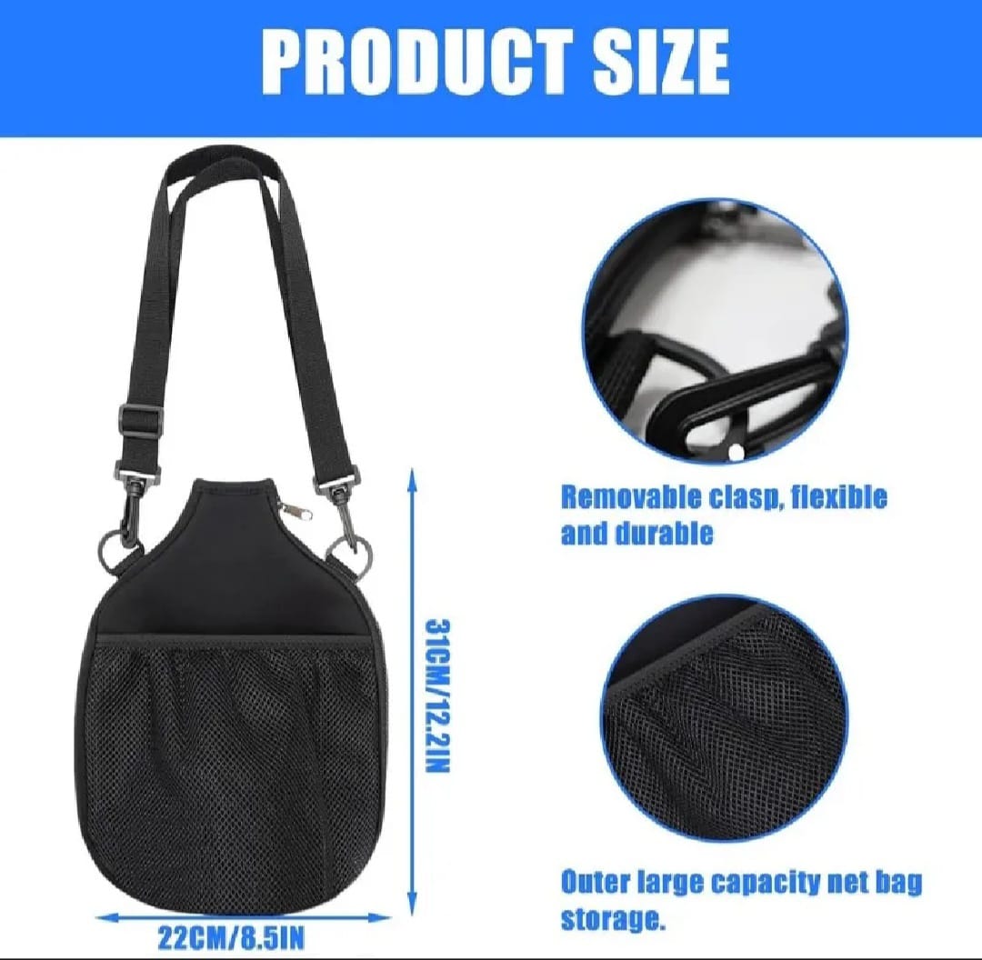The product size of the sling bag: The length is 22cm and the height is 31cm. It shows the clasp being removable, flexible and durable. It also shows an outer large capacity net pocket.