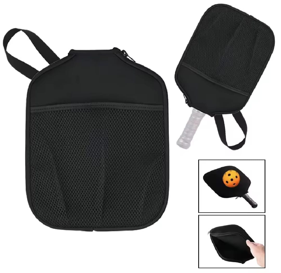 Black carrying cover for a pickleball paddle with additional images showing the paddle inside.