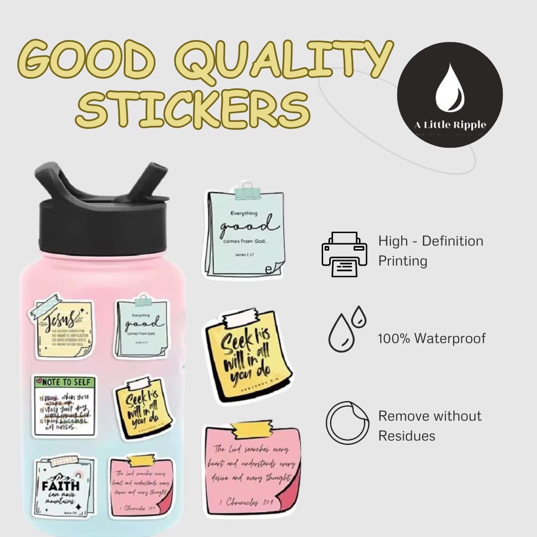 Pink water bottle with bible verse stickers and 'A Little Ripple' branding.