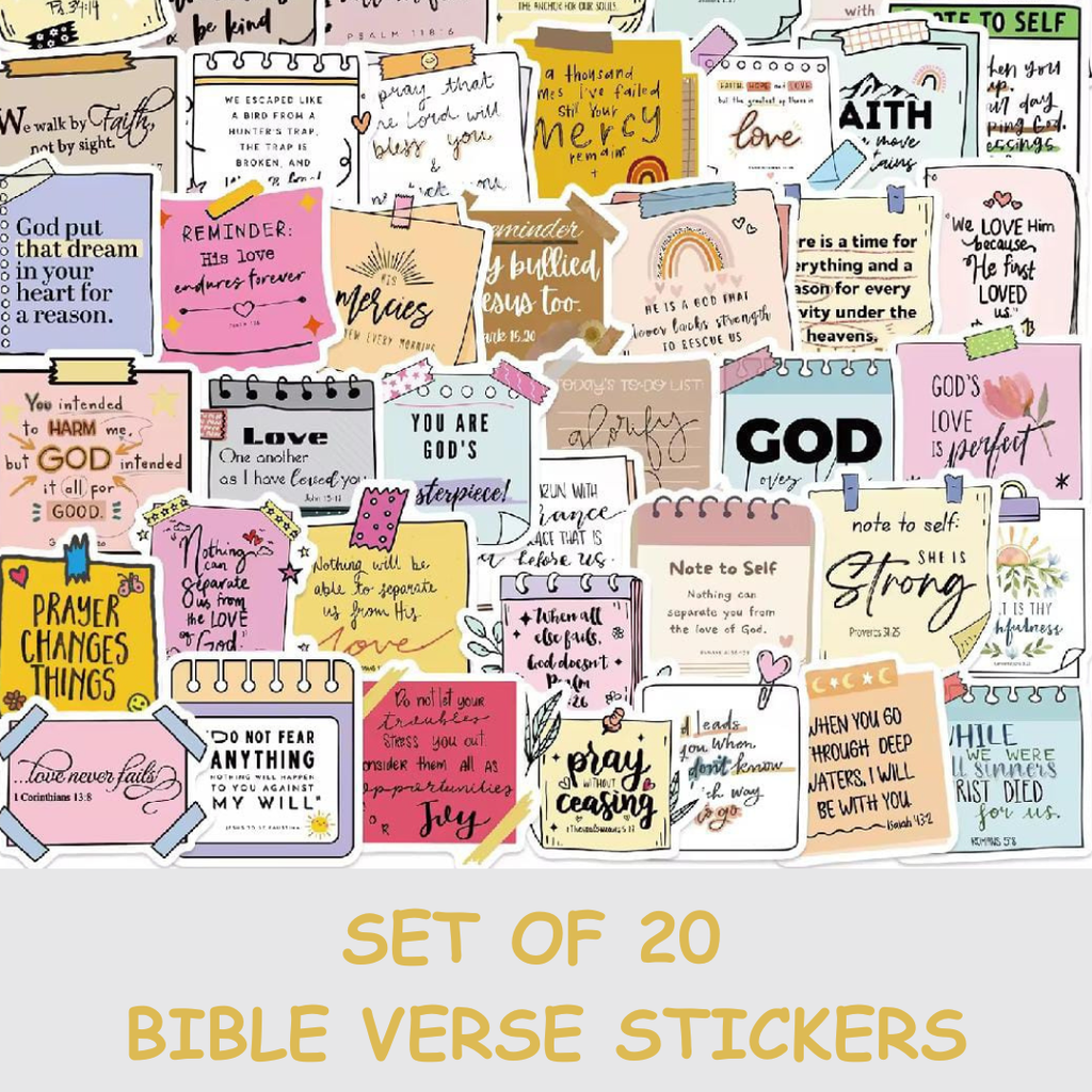 Set of 20 Bible verse stickers with various designs and text on a white background.