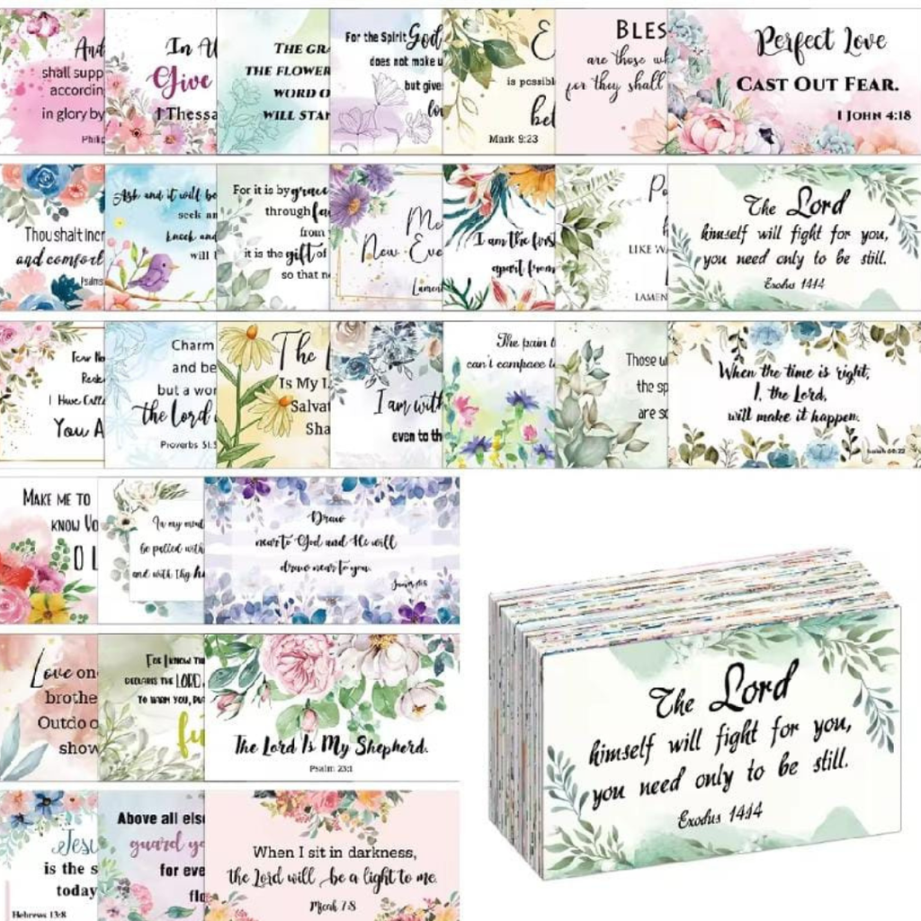 Set of colorful bookmarks with bible verses and floral designs.