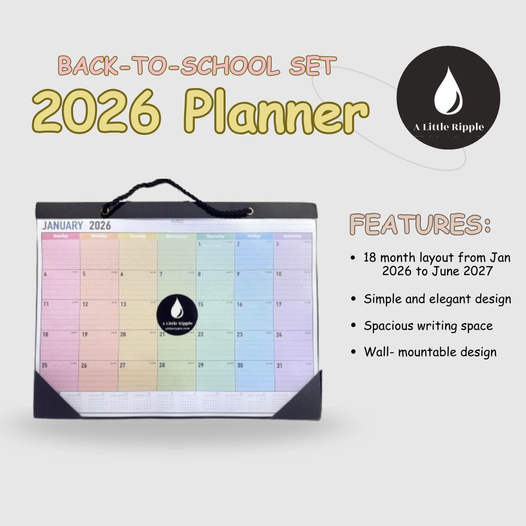 2026 planner with colorful months and 'A Little Ripple' branding on a white background