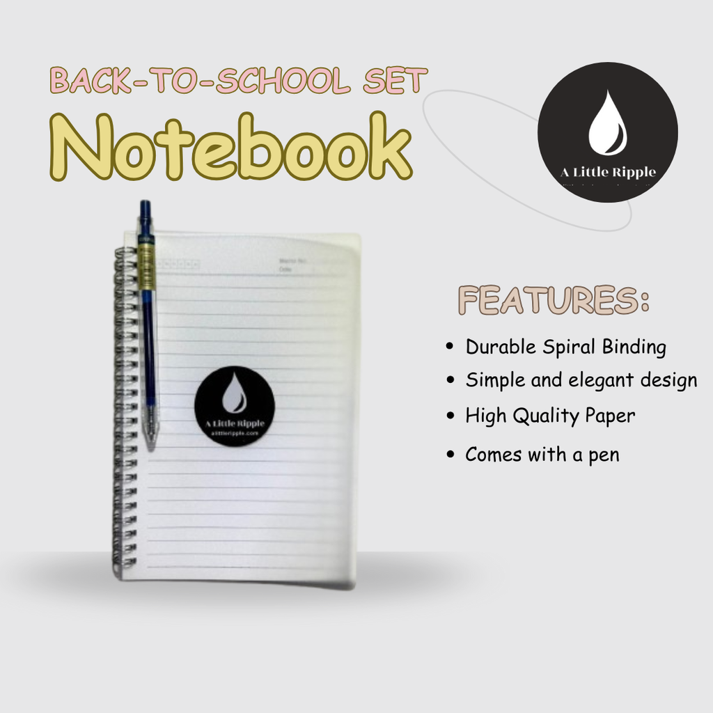 Back-to-school notebook set with pen on a white background, featuring 'A Little Ripple' brand.