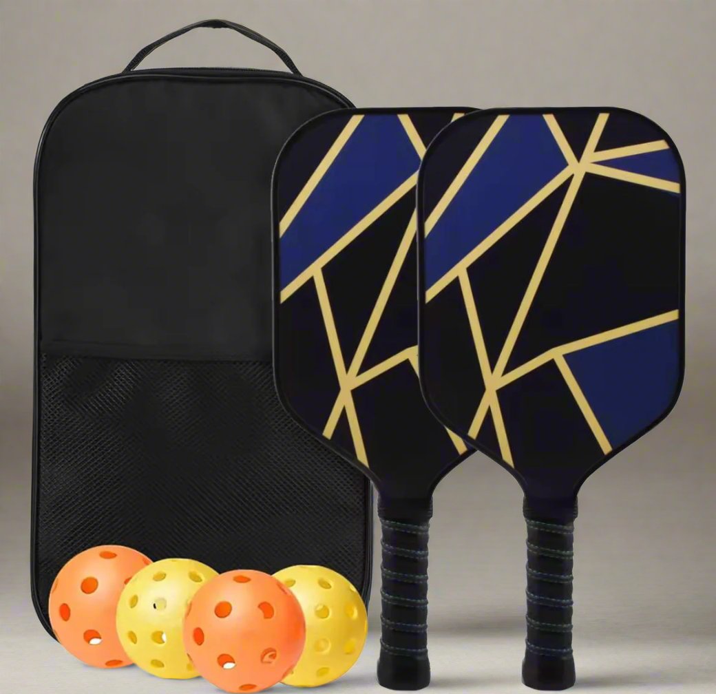 Pickleball Paddle Set of 2 with 2 tectonics design pickleball paddles, 4 balls (2 for indoor, 2 for outdoor) and a carrier bag to store all.