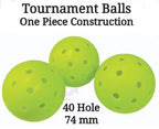 Three bright green pickleball balls with 40 holes, emphasizing the tournament balls' one-piece construction and 74 mm size.