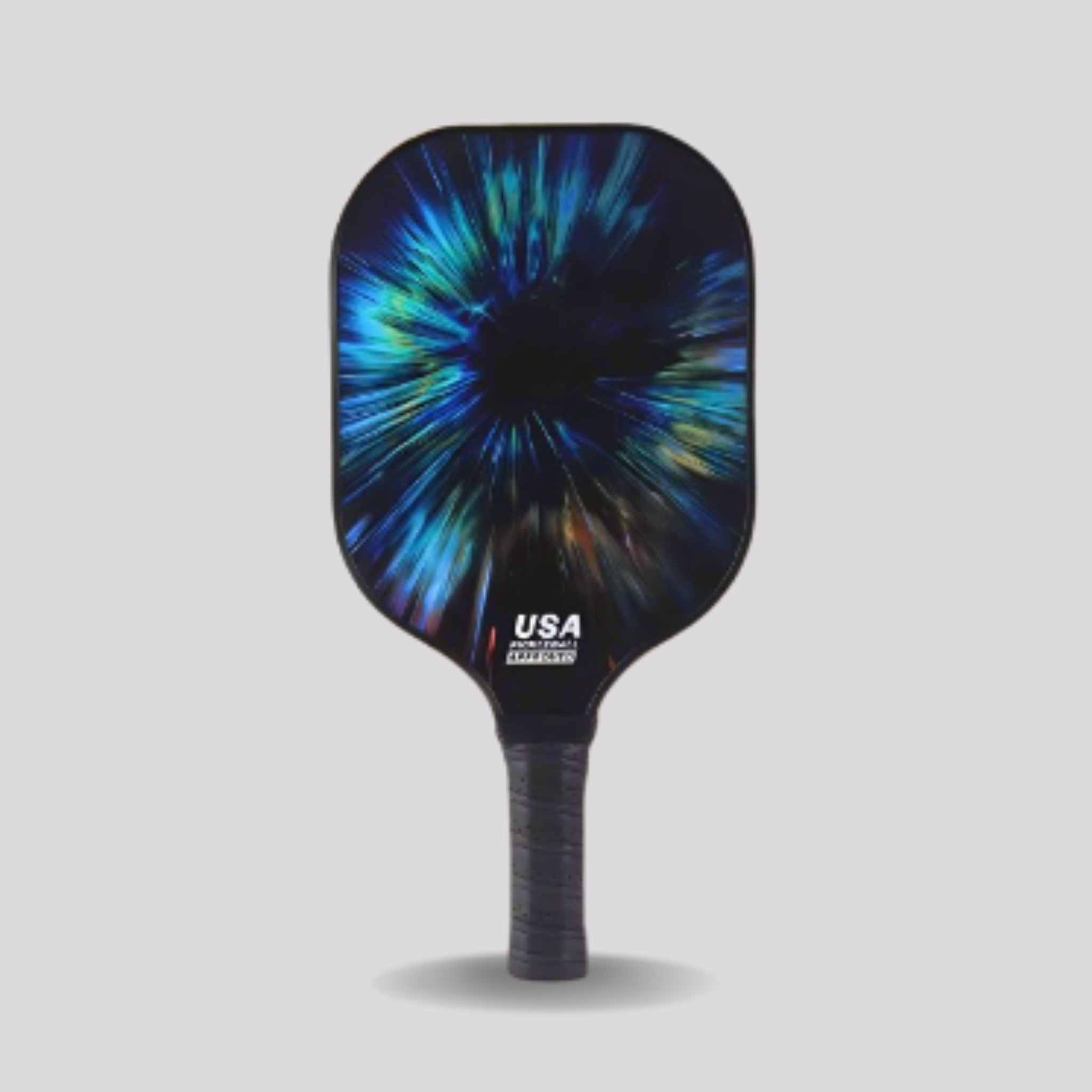 Pickleball paddle with colorful design on a gray background
