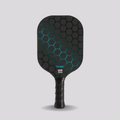 Black pickleball paddle with hexagonal pattern on a gray background