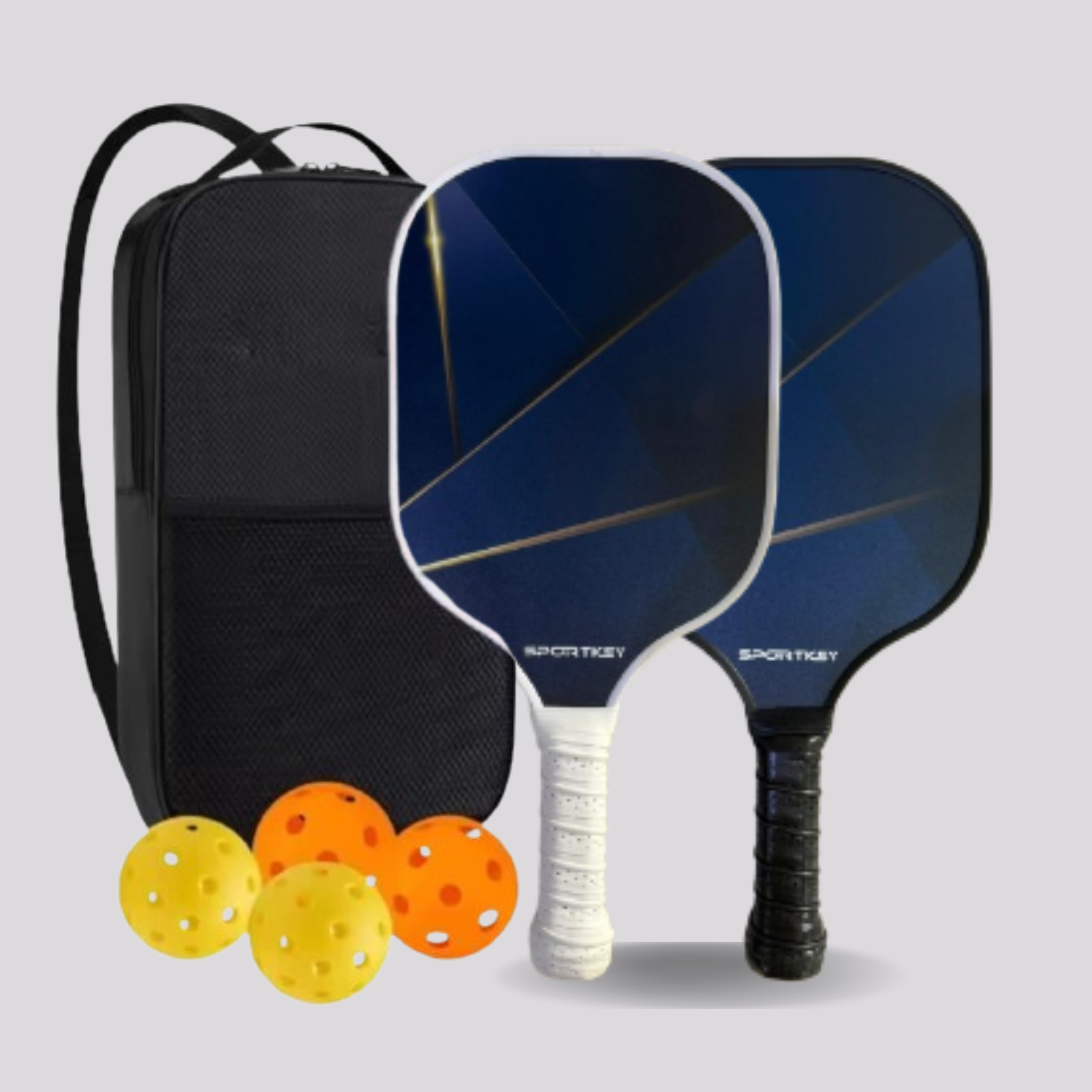 Two blue pickleball paddles with a black carrying case and three balls on a light gray background
