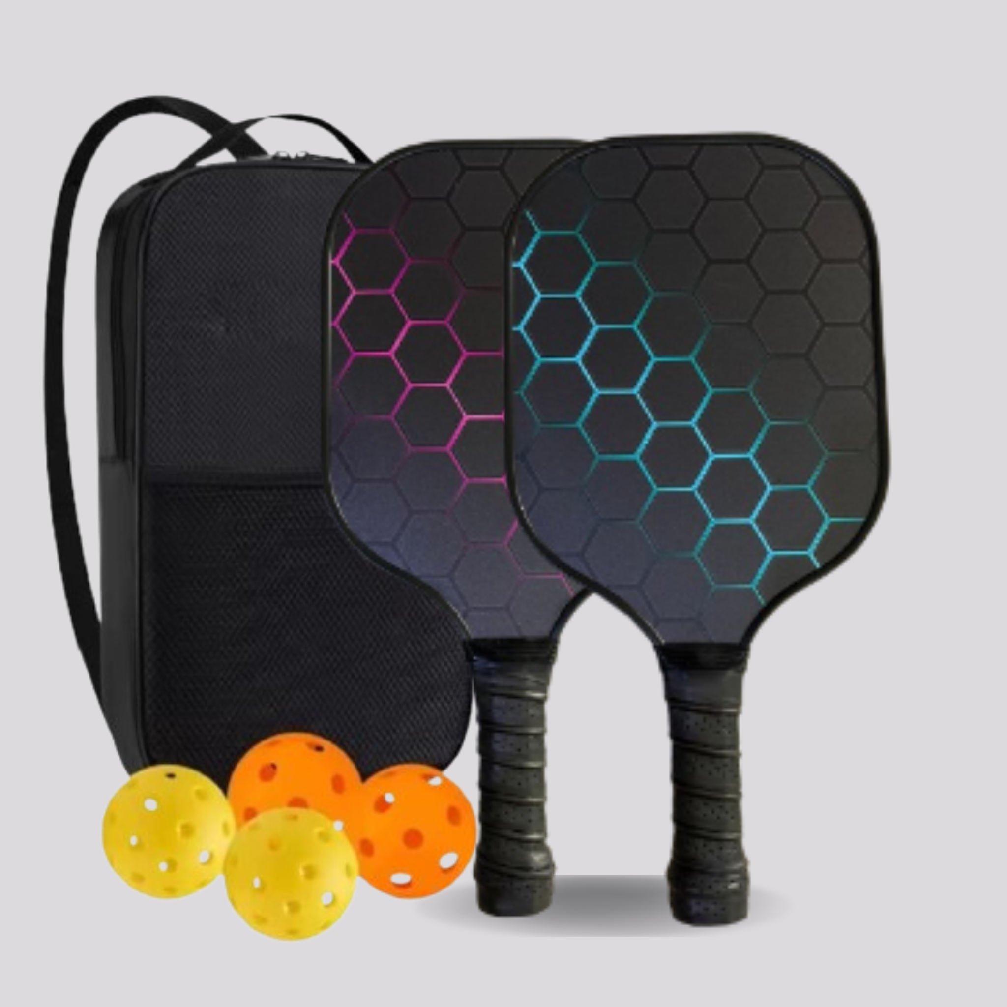 Two pickleball paddles with a black carrying case and three colorful balls on a light gray background