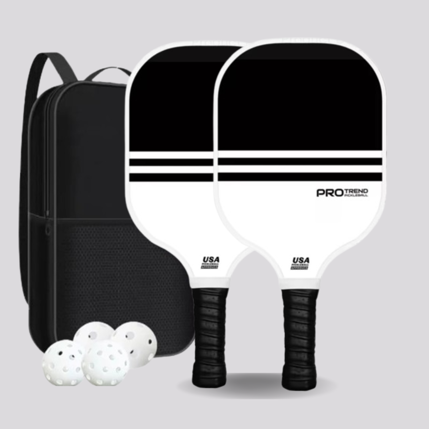 Two pickleball paddles with black and white design, a black carrying case, and three white pickleballs on a light gray background.