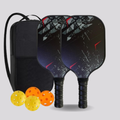 Two pickleball paddles with a black and red design, three pickleballs, and a black bag on a light gray background.