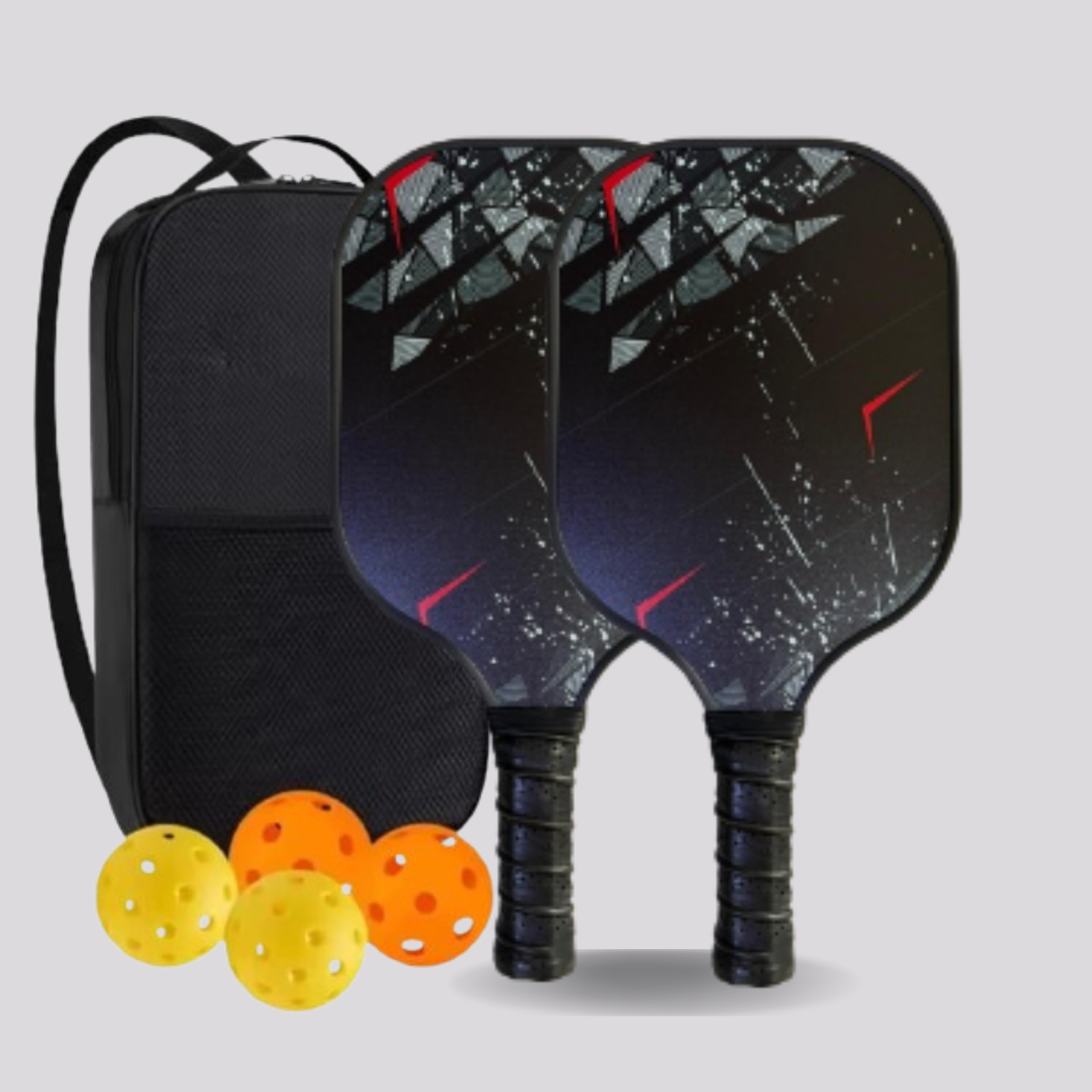 Two pickleball paddles with a black and red design, three pickleballs, and a black bag on a light gray background.