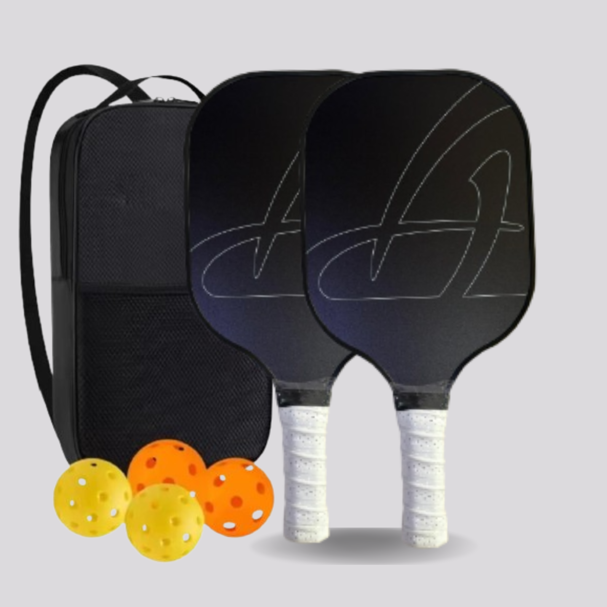 Two pickleball paddles with a bag and balls on a light gray background