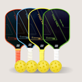 Four pickleball paddles with different color handles and four yellow pickleballs on a light gray background.