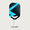 Pickleball paddle with blue and black design on a light gray background