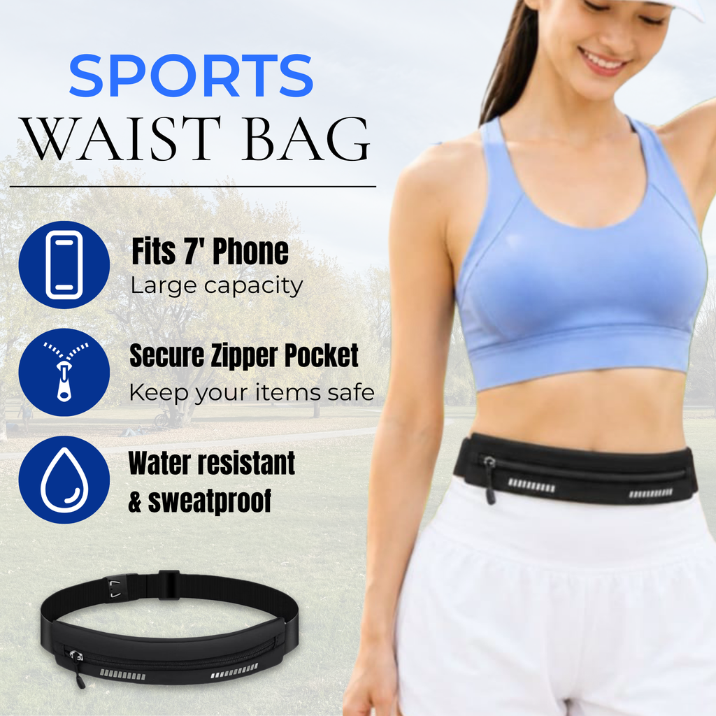 Photo of a woman with a sports waist bag. Sports waist bag is able to fit 7' phone, has large capacity. It is water resistant and sweatproof. It has a secure zipper pocket. 