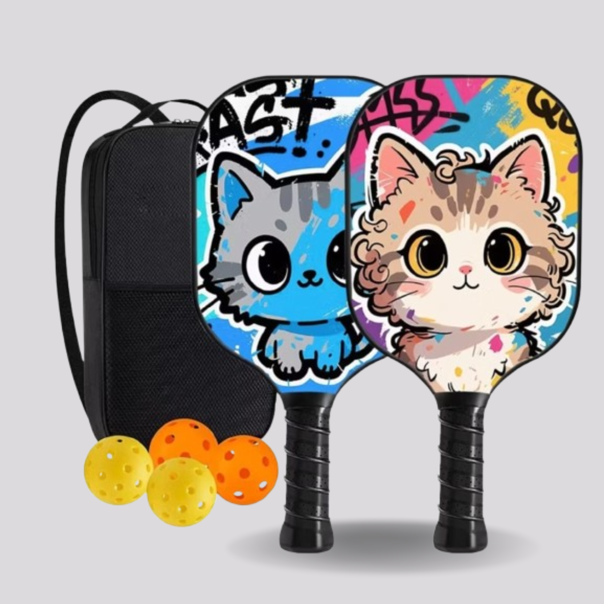 Two colorful pickleball paddles with cat designs and 4 balls on a light gray background