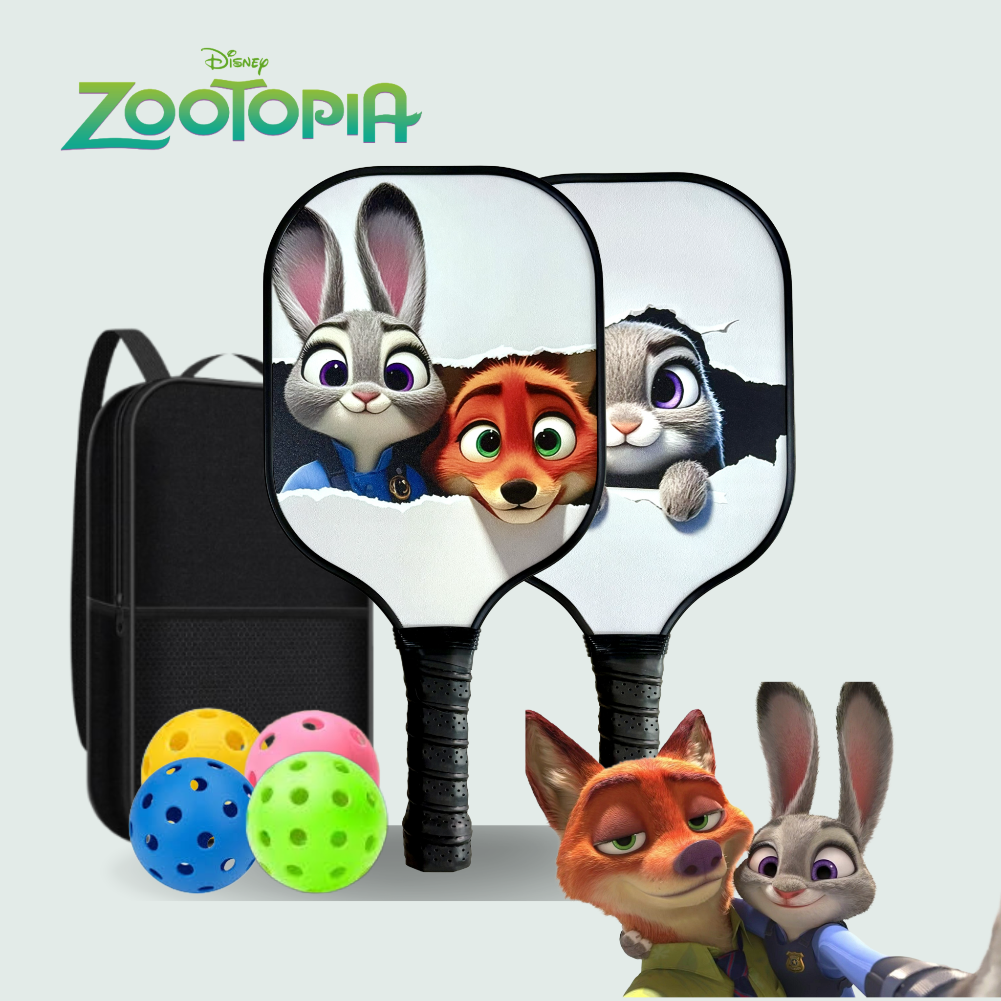 Zootopia-themed pickleball set featuring two paddle-shaped items printed with Judy Hopps and Nick Wilde artwork, a black backpack, and three colorful pickleballs on a light gray background. The Disney Zootopia logo appears at the top left.