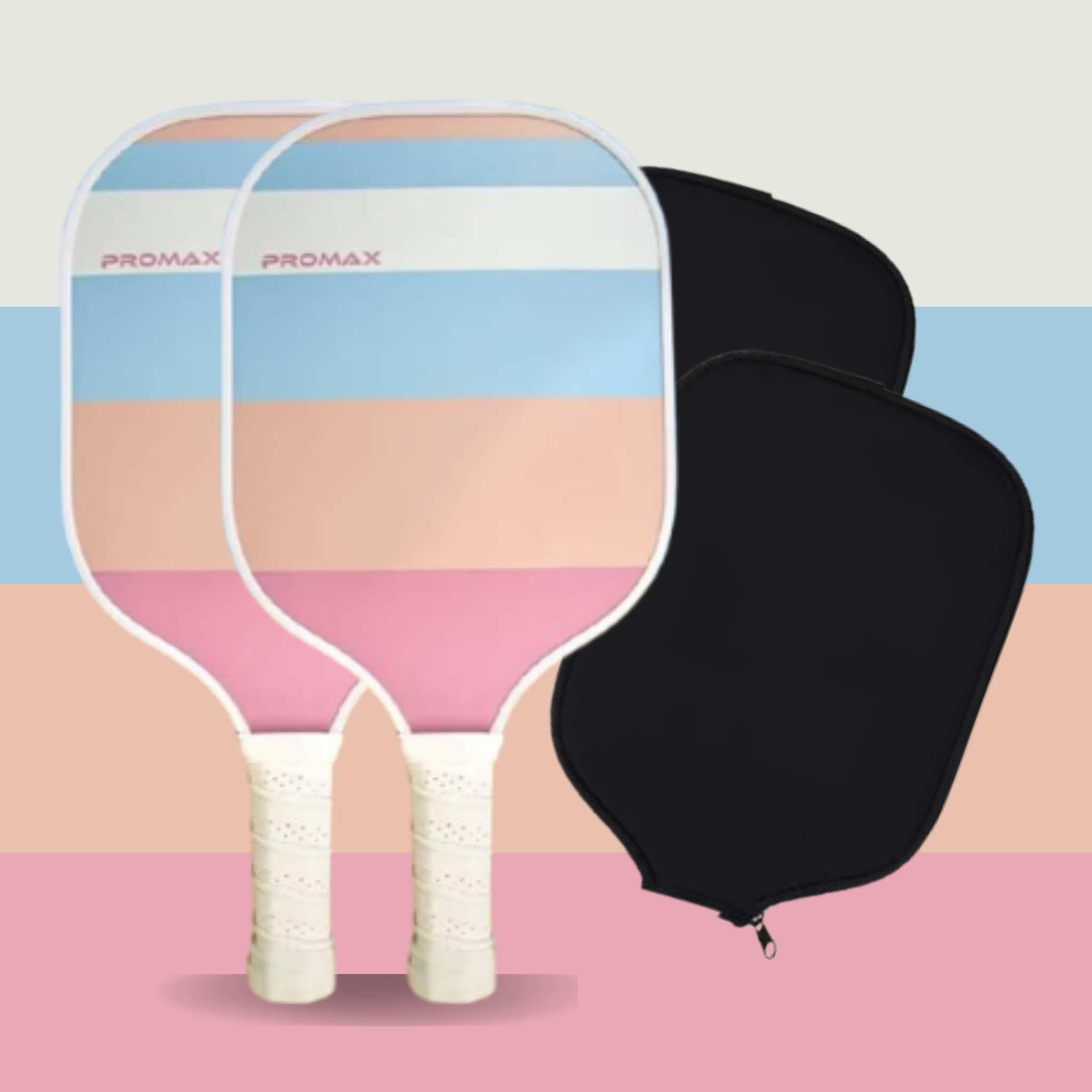 Colorful pickleball paddle with 2 black covers on a striped background