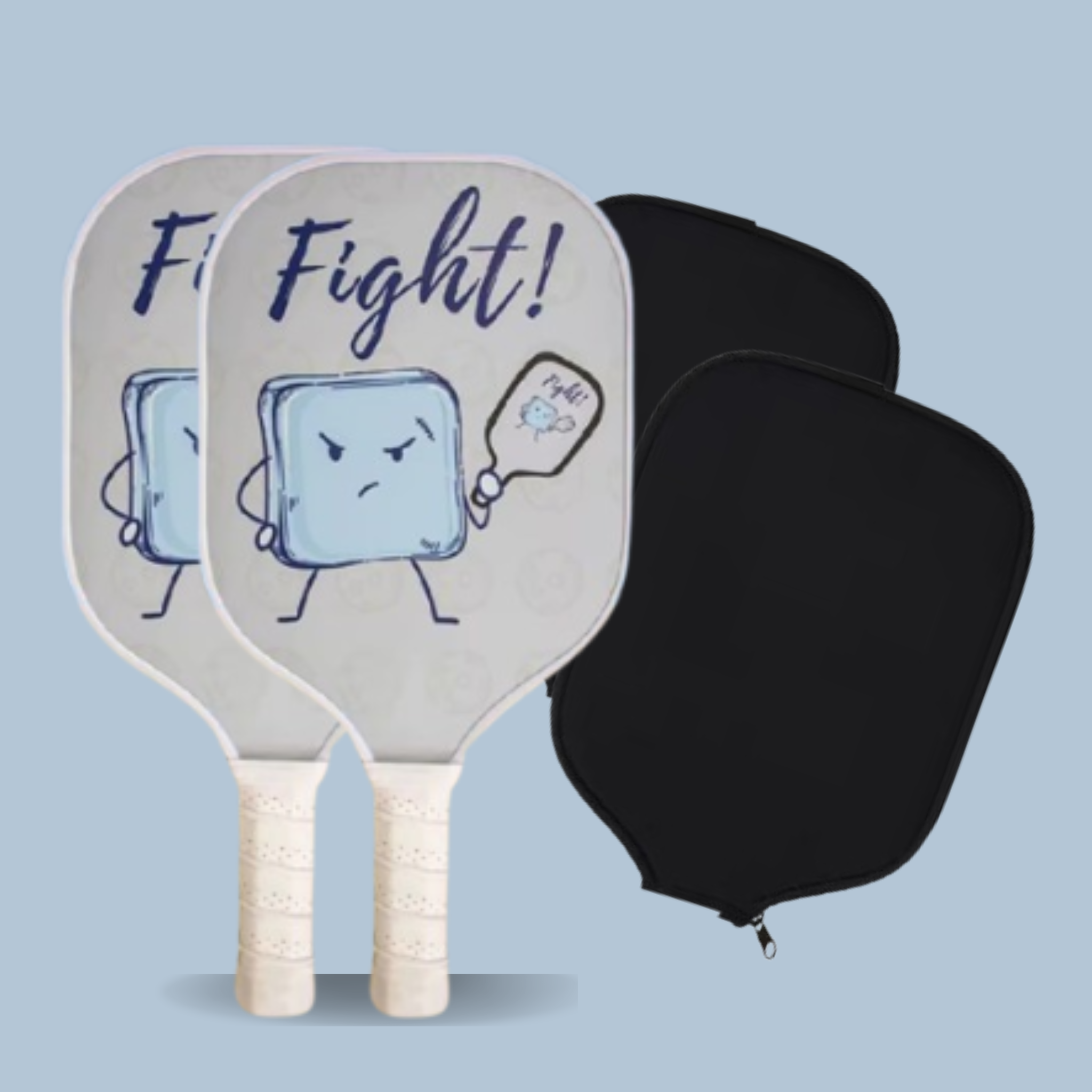 Two pickleball paddles with 2 black coves on a light blue background