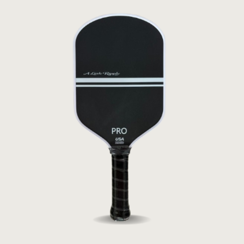 White pickleball paddle with 'A Little Ripple' branding with black handle on a light gray background