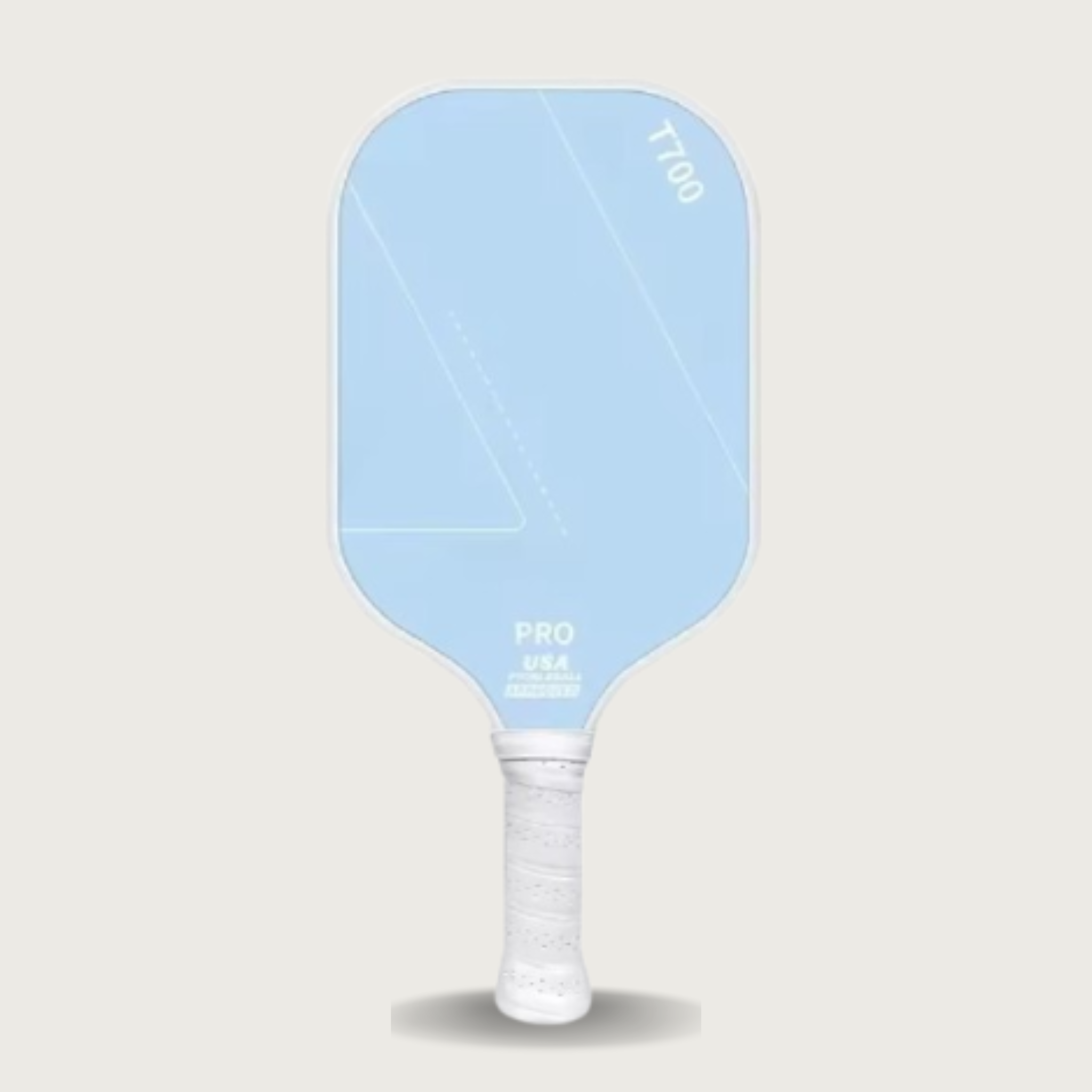 Blue pickleball paddle with white handle on a light gray background