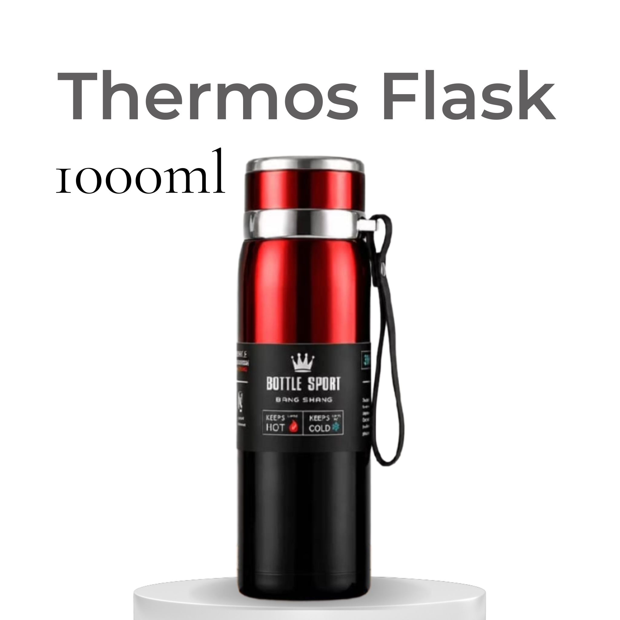 A 1000ml stainless steel thermos flask with a red upper half, black lower half, and a black carrying strap, displayed on a white pedestal against a white background with 'Thermos Flask 1000ml' text at the top.