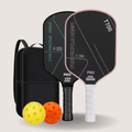Two T700 carbon fibre pickleball paddles with a black bag and two balls on a light grey background