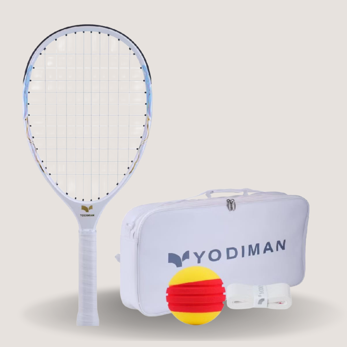 YODIMAN typti racket set featuring a white and light blue racket, a white carrying bag with the YODIMAN logo, a yellow and red tennis ball, and a white strap, displayed on a solid beige background.