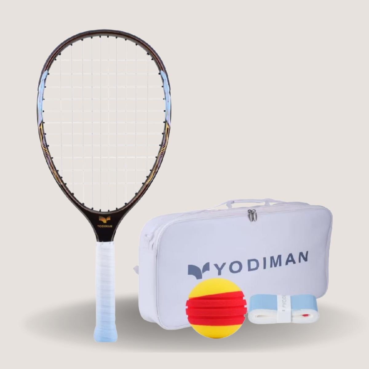 A YODIMAN typti racket with a black, gold, and light blue frame, shown next to its white zippered carrying case, a yellow and red tennis ball, and a light blue and white wrist strap on a solid beige background.