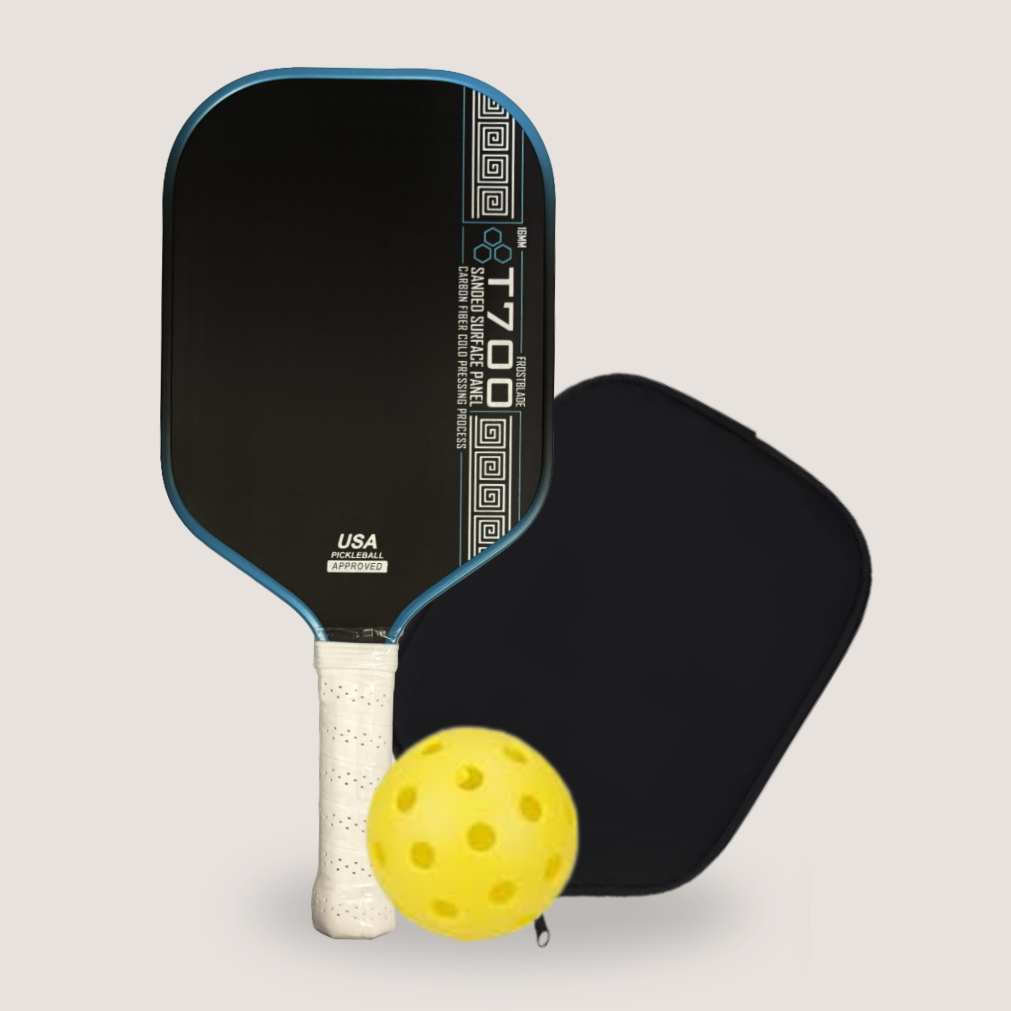 A black and blue paddle with a white grip, shown alongside a black carrying case and a yellow pickleball on a light gray background.