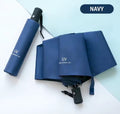A navy blue compact umbrella shown both folded and unfolded on a light blue and white background, with a dark blue 'NAVY' label in the top right corner.