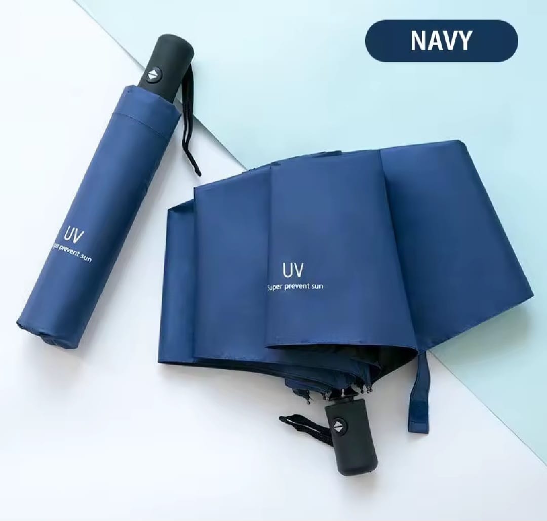 A navy blue compact umbrella shown both folded and unfolded on a light blue and white background, with a dark blue 'NAVY' label in the top right corner.
