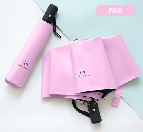 Pink compact folding umbrella shown both folded and unfolded on a light pastel background, with a pink label reading PINK in the top right.