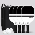 Set of four half black, half white pickleball paddles with a black backpack and 4 white balls on a gray background